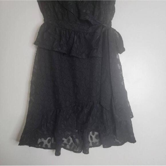 Ten Sixty Sherman Black Semi-sheer Dress Ruffle Hem Faux-Wrap Style Small - Picture 3 of 11